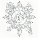 god Shiv's symbols such as ohm, Trishul, and third eye with karma chakra. also add one Sanskrit manta  tattoo design idea