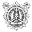 god Shiv's symbols such as ohm, Trishul, and third eye with karma chakra. also add one Sanskrit manyra tattoo design idea