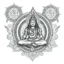 god Shiv's symbols such as ohm, Trishul, and third eye with karma chakra. also add one Sanskrit manyra tattoo design idea