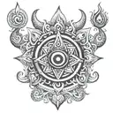 god Shiv's symbols such as ohm, Trishul, and third eye with karma chakra. also add one Sanskrit manyra tattoo design idea