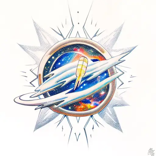 Astronaut floating in a galaxy filled with lightning bolts tattoo design idea