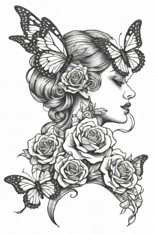 lady head with butterflies roses intertwined tattoo design idea