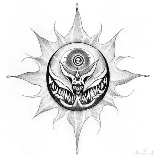 A dotwork tattoo depicting an angry sun surrounded by a wreath of Tyrannosaurus rex skulls tattoo design idea