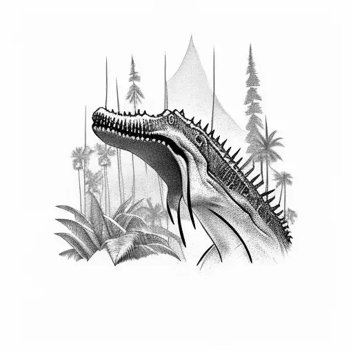 Spinosaurus in a tropical forest tattoo design idea