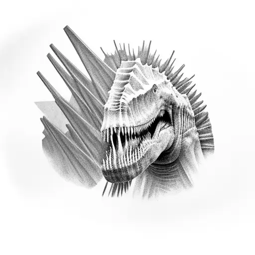 Spinosaurus in a realistic black and grey portrait style tattoo design idea