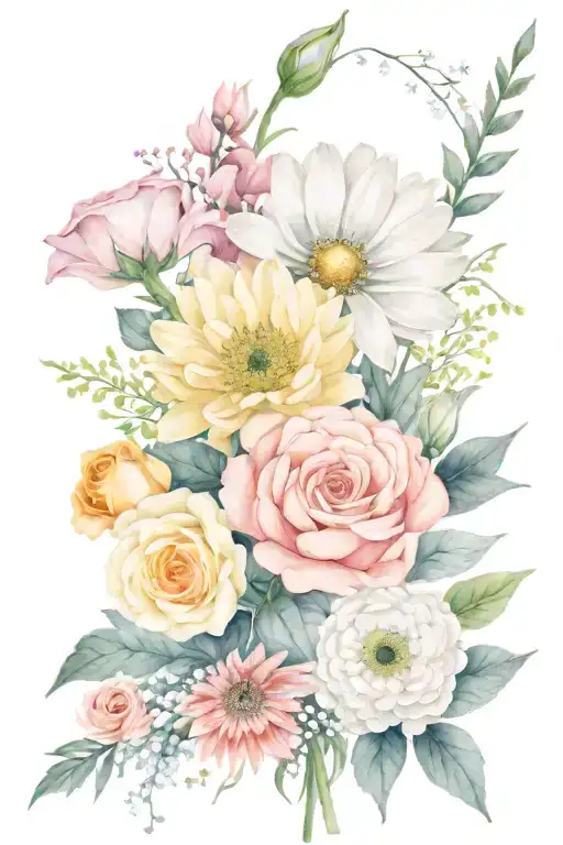 bouquet fine line featuring pink rose, white daisy, orange gerbera, red poppie, gladiola, chrysanthemum tattoo design idea