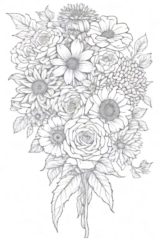 bouquet with rose, mum, poppy, Gerber daisy, dahlia, hyacinth tattoo design idea