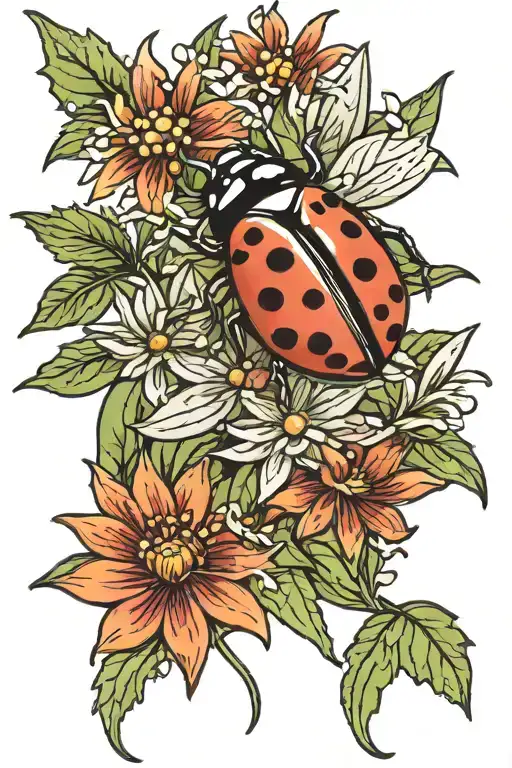 ladybug and edelweiss flower tattoo design idea
