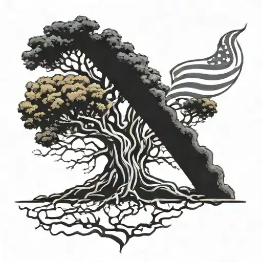 top half oak tree thats in american flag colors with the bottom half viking roots   tattoo design idea