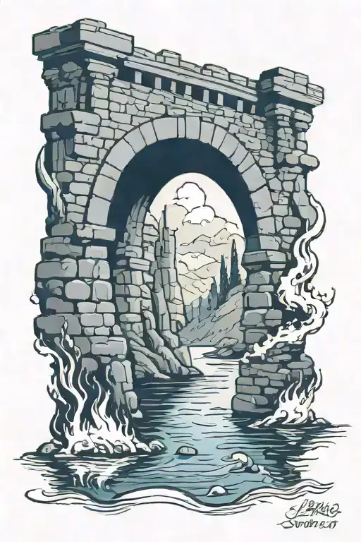 Burning stone-bridge arches over water.  tattoo design idea