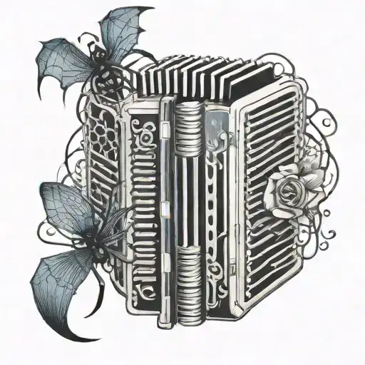 accordion with spider webs surrounding tattoo design idea