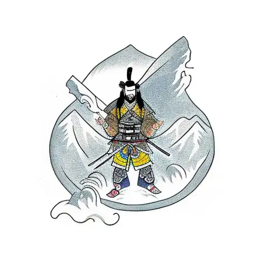 Samurai facing a mythical creature in a mountain cave tattoo design idea