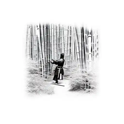 Samurai practicing swordsmanship in a bamboo forest tattoo design idea