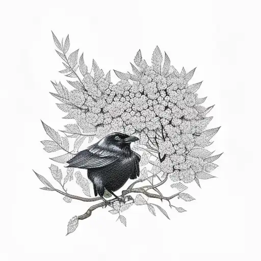 Crow sitting in a rowan branch growing out of a skull tattoo design idea