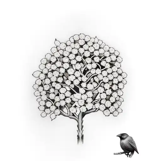 Rowan tree with flowers and berries with a crow and skull tattoo design idea