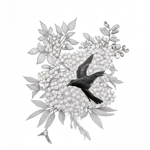 Rowan tree with flowers and berries with a crow near a skull tattoo design idea