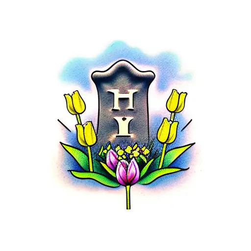 headstone with tulips next to it tattoo design idea