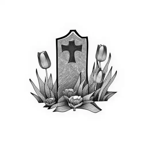 headstone with tulips next to it tattoo design idea