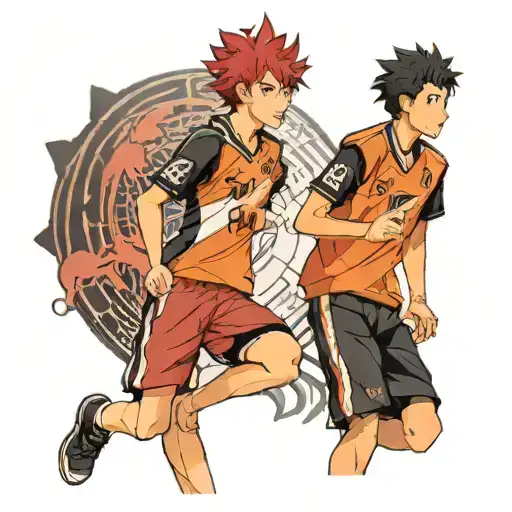 black curly hair boy next to short red haired girl haikyu tattoo design idea