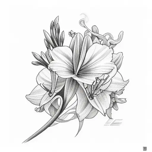 fine line larkspurs, alstroemeria, daffodil with lines and babayan Filipino text for upper back  tattoo design idea