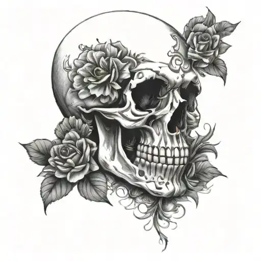 half skull face with jaw surgical plates and nose bleed with flowers  tattoo design idea