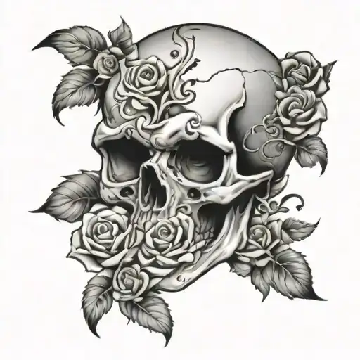 half skull with jaw plates and nose bleed with flowers  tattoo design idea