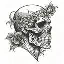 half skull face with jaw surgical plates and nose bleed with flowers  tattoo design idea
