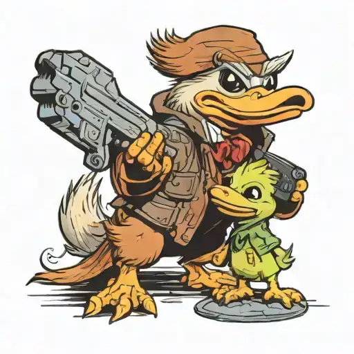 howard the duck holding baby groot playing tattoo design idea