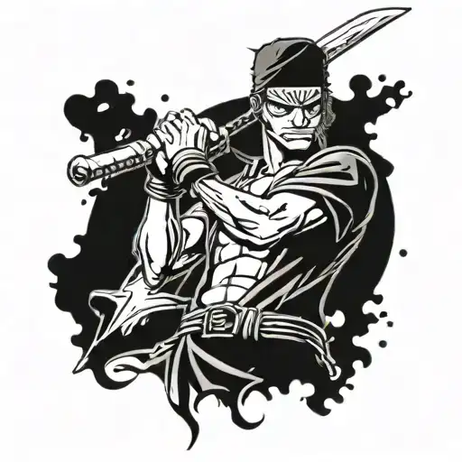 zoro from one piece with a sword in his mouth tattoo design idea