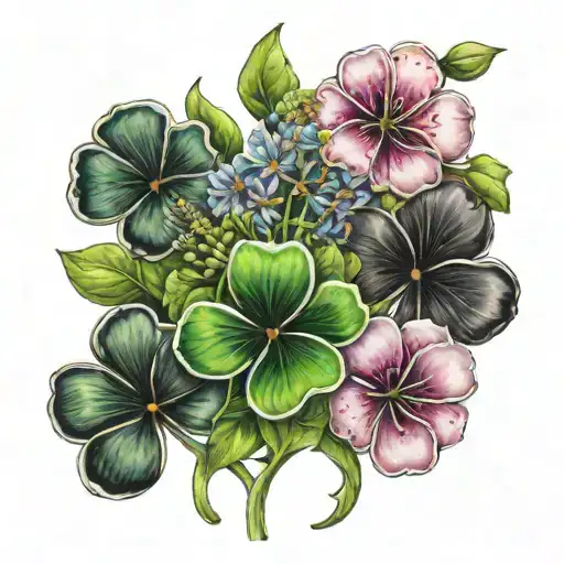 1of1 with clovers and flowers tattoo design idea