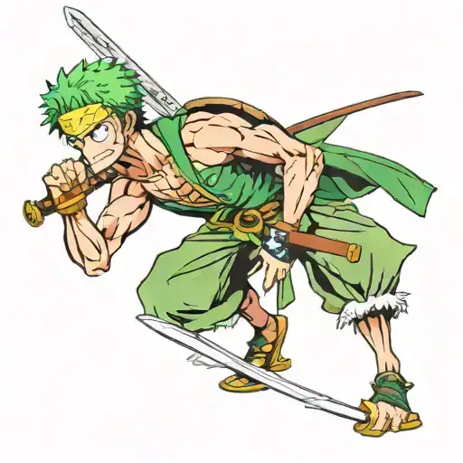 zoro from one piece with a sword in his mouth tattoo design idea