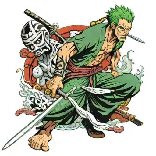 zoro from one piece with a sword in his mouth tattoo design idea