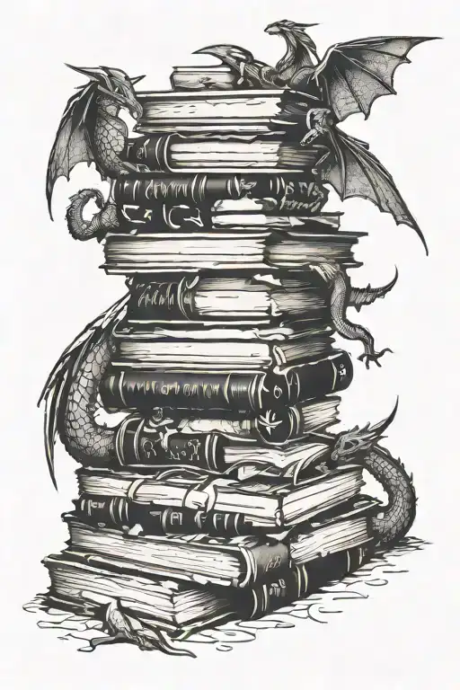 a stack of books the one on top open with pages flipping dragons, fireflies, random letters and numeral numbers around  tattoo design idea