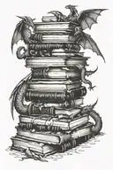 a stack of books the one on top open with pages flipping dragons, fireflies, random letters and numeral numbers around  tattoo design idea