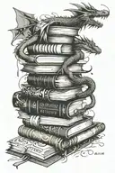 a stack of books the one on top open with pages flipping dragons, fireflies, random letters and numeral numbers around  tattoo design idea