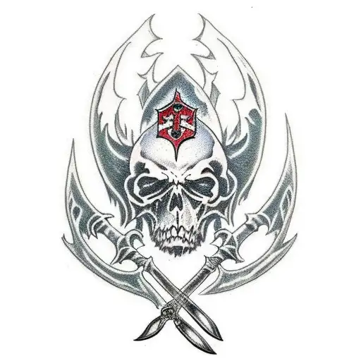 A death knight grimreaper with a sword and scyth in a scary and dark forest tattoo design idea