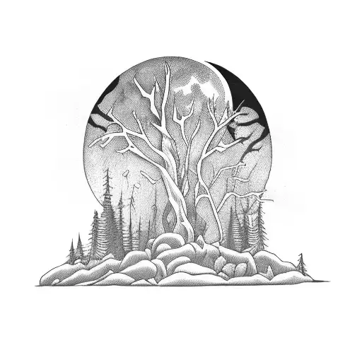 a grim reaper in dark forest with a full moon tattoo design idea
