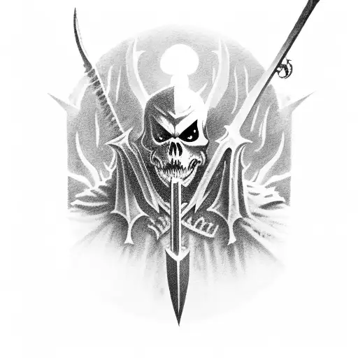 A death knight grimreaper with a sword and scyth in a scary and dark forest tattoo design idea