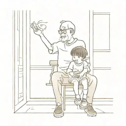 grandpa and kid over the chair  in front of a window    tattoo design idea