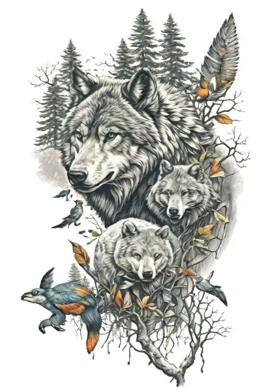 wolves in forest into bears in woods to cattle in fields to sheep in fields to water with koi fish and rainbow lorikeet tattoo design idea