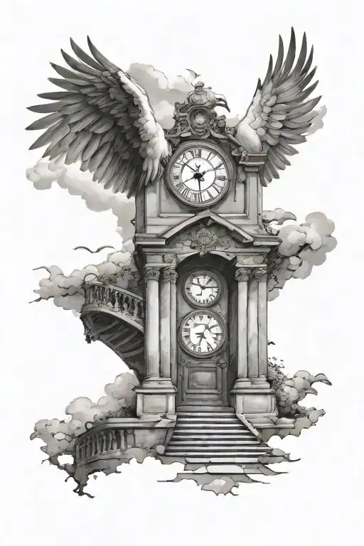 stairs to heaven with doors of heaven above them, a large dove above the doors and just below the stairs a clock tattoo design idea