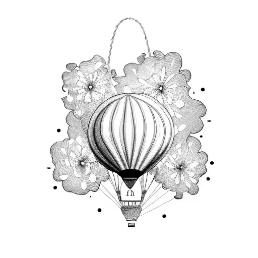 A sketch style tattoo of a hot air balloon flying over a field of blooming flowers tattoo design idea