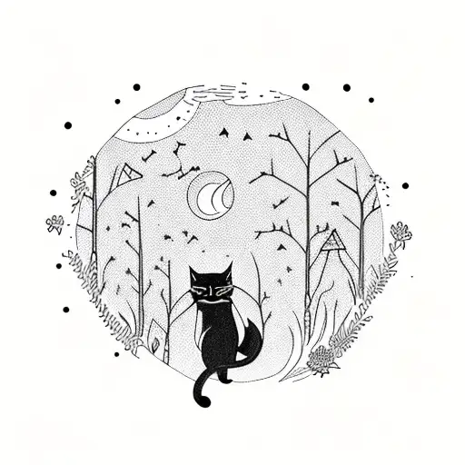 A whimsical cat chasing fireflies in a moonlit forest filled with wildflowers tattoo design idea