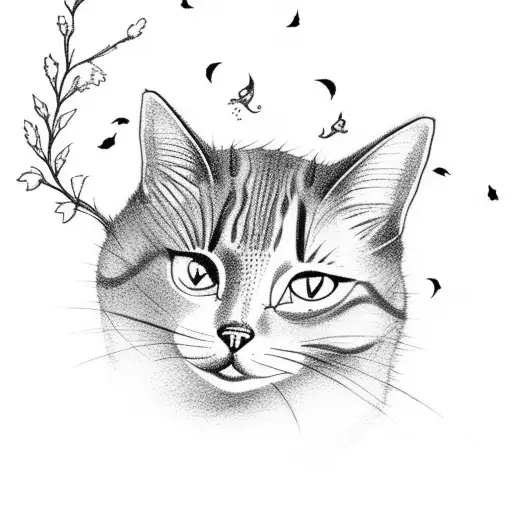 A whimsical cat chasing fireflies in a moonlit forest filled with wildflowers tattoo design idea