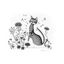 A whimsical cat chasing fireflies in a moonlit forest filled with wildflowers tattoo design idea
