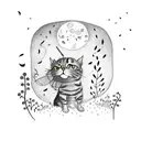 A whimsical cat chasing fireflies in a moonlit forest filled with wildflowers tattoo design idea