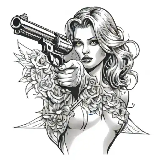 sexy girl with revolver gun tattoo design idea