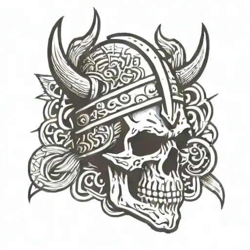 viking skull with warrior runes saying til valhalla tattoo design idea