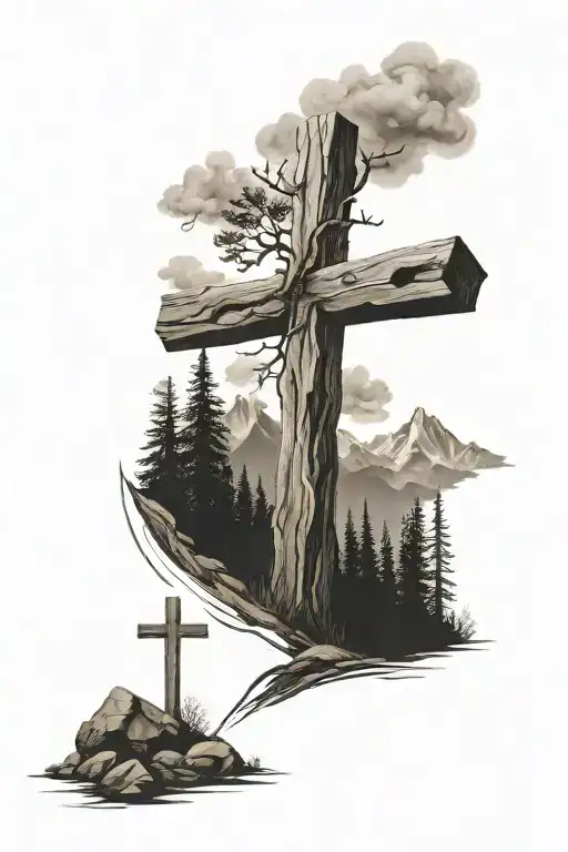wood cross in the mountains tattoo design idea