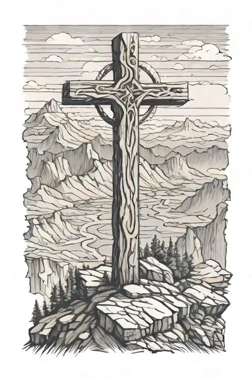 wood cross on cliff overlooking mountains tattoo design idea